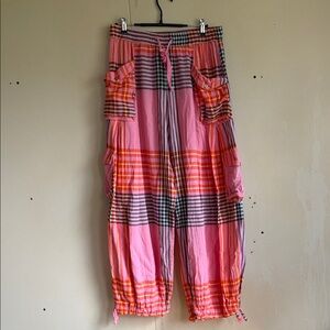 Free People Pink & Orange Plaid Crafted Cargo Wide-Leg Pants